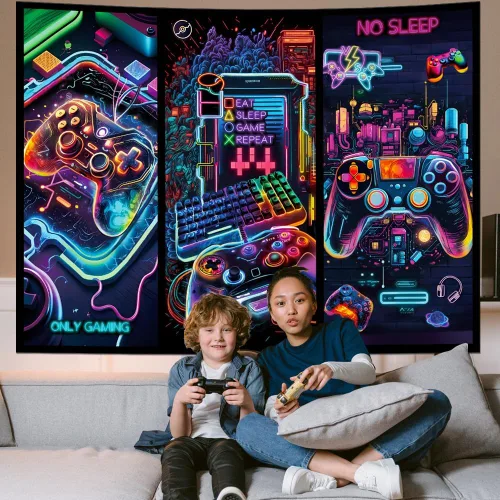 Miniatura 2 de Galoker Tapiz de luz negra para juegos, tapiz de controlador de juego de neón genial, tapiz reactivo a los rayos UV, tapices de pared para jugadores