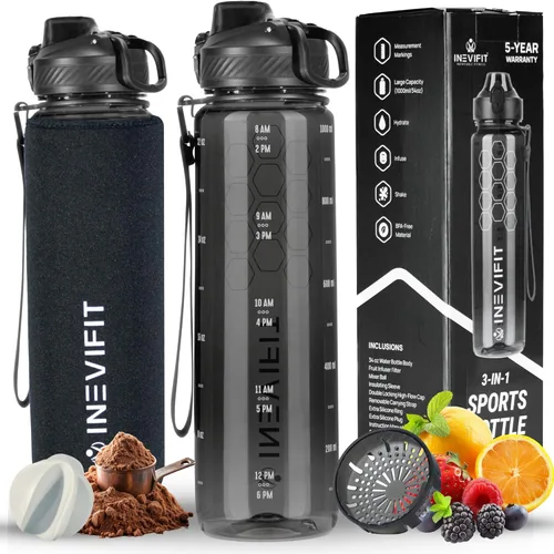 INEVIFIT Botella de agua deportiva 3 en 1 de 34 onzas, 1 litro, con marcador de tiempo diario, sin BPA, Tritan a prueba de fugas, con filtro infusor