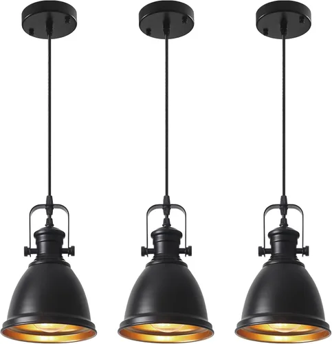 Paquete de 3 luces colgantes negras para isla de cocina, lámpara colgante vintage, 6.5 pulgadas, altura ajustable, iluminación colgante para