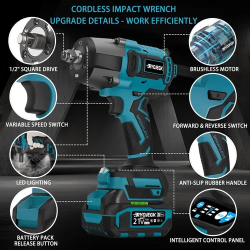 Miniatura 9 de RYOJEGK Llave de impacto de 1500 N.m, pistola de impacto inalámbrica de 1107 pies-libras de 1/2 pulgada, destornillador de impacto de potencia sin