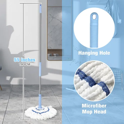 Miniatura 5 de NEWE Trapeador giratorio para limpieza de suelos, mopa de microfibra mejorada de 18 pulgadas de ancho, mango largo de 55 pulgadas de largo para Azul