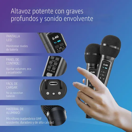 Miniatura 4 de Máquina de karaoke para adultos y niños con 2 micrófonos inalámbricos UHF, sistema de altavoces Bluetooth portátil PA con luces LED de fiesta