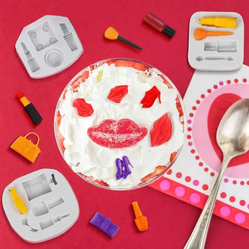 Miniatura 5 de 7 moldes de silicona para San Valentín, moldes de silicona con temática de maquillaje para pastel, chocolate, beso, lápiz labial, perfume, tacones