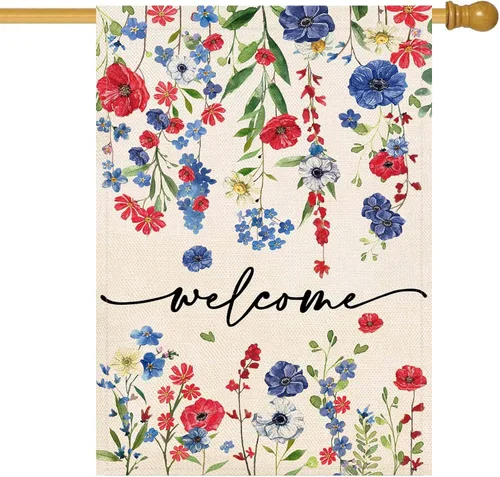 Miniatura 17 de Baccessor Bandera de Casa de Bienvenida de Verano 28 x 40 Pulgadas Divertida Bandera Floral Azul de Primavera para Jardín y Patio de Arpillera