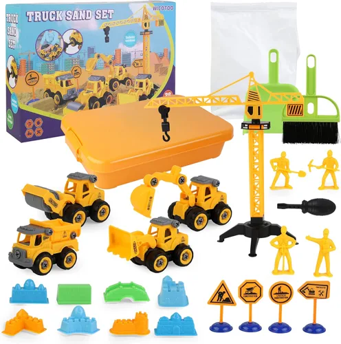 Miniatura 6 de Kit de construcción de arena, caja de arena, arena mágica de 2.2 libras con 4 camiones de construcción desmontables, grúa torre, 8 moldes de arena