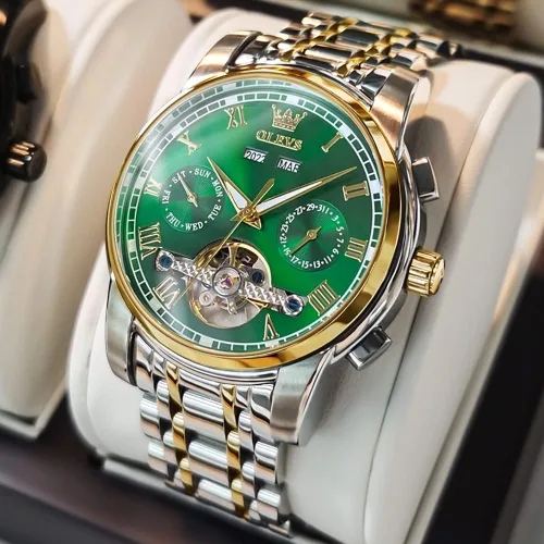Miniatura 2 de OLEVS Relojes de cuerda automática para hombre, reloj mecánico automático Tourbillon de acero inoxidable con doble calendario, impermeable, luminoso