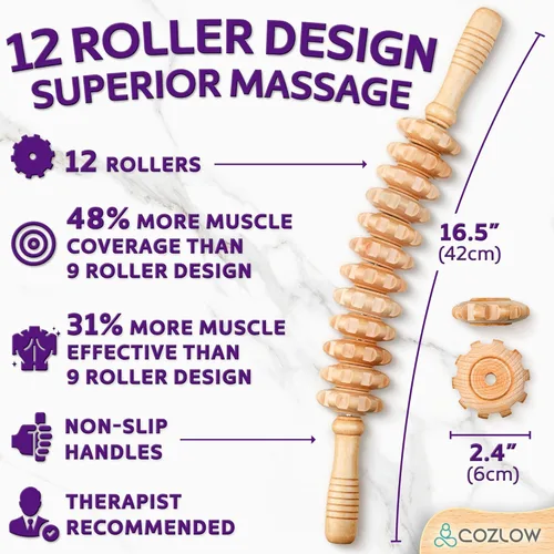 Miniatura 2 de COZLOW Rodillo de masaje de madera (12 rodillos) – Herramienta de masaje de terapia de madera curvada para esculpir el cuerpo, liberación de fascia