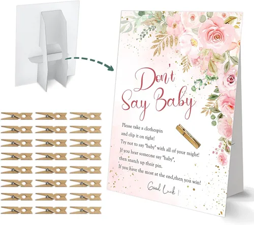 Juego de pinzas para ropa de bebé, juego floral bohemio para baby shower, un letrero de 8 x 11 pulgadas y 50 mini pinzas naturales para la ropa,