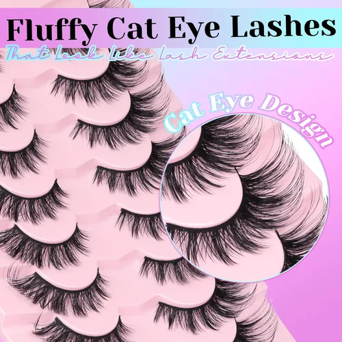 Miniatura 3 de Losha Pestañas esponjosas de ojo de gato, pestañas postizas cruzadas 6D, 8 pares de pestañas reutilizables de imitación de visón con punta que