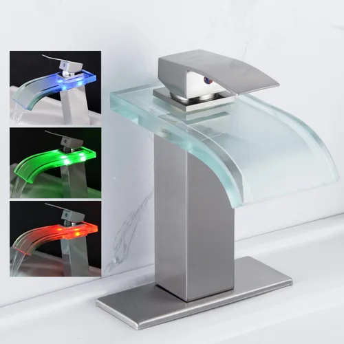 Miniatura 7 de Grifo de baño LED Y-Garhe, grifo de cascada para lavabo de baño de níquel cepillado, 1 agujero, centro de 4 pulgadas, luces LED que cambian