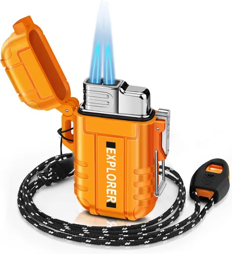 Miniatura 10 de SAMNIU Encendedor de antorcha, doble llama de chorro, impermeable, resistente al viento, encendedores de gas butano recargables para supervivencia