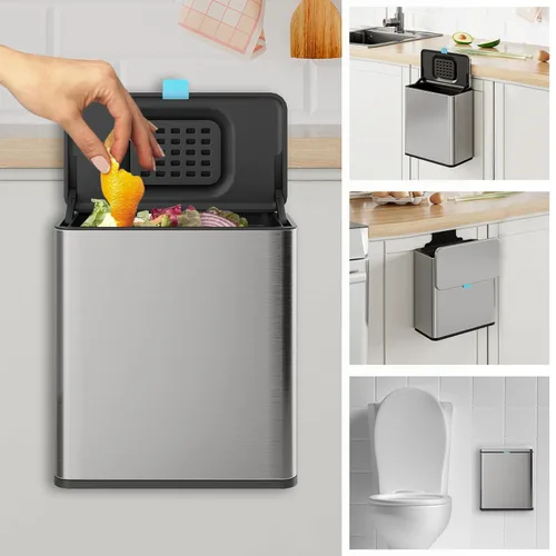 Basurero colgante de acero inoxidable con tapa y cubo interior, contenedor de compost de cocina de 2 galones para encimera, debajo del fregadero o