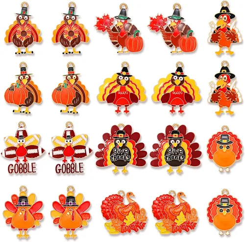 NVENF 32 dijes de otoño para hacer joyas, dijes esmaltados de Acción de Gracias, calabaza, pavo, hoja de arce, colgantes para manualidades,