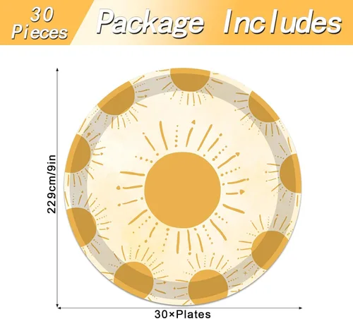 Miniatura 2 de 30 PCS Platos de Sol Boho Primer Viaje Alrededor del Sol Decoraciones de Cumpleaños 9 Pulgadas Suministros de Fiesta Hippie Bohemio Sunshine