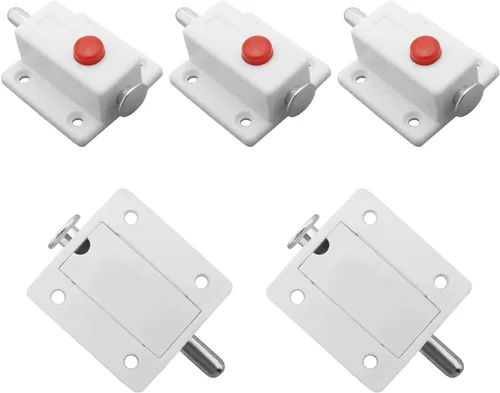 Miniatura 6 de MroMax 5 piezas de cerrojo de puerta con resorte, cierre deslizante de plástico negro con botón de interruptor para puerta, gabinete, accesorios