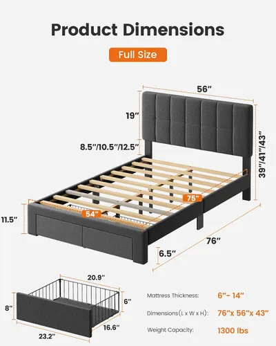 Miniatura 6 de Pipishell Marco de cama Full con 2 cajones de almacenamiento, 12 patas resistentes, base de cama de madera maciza con cabecera tapizada