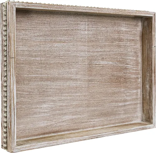 Miniatura 25 de MAONAME Bandeja de Madera para Servir, Bandeja de Madera Estilo Granja con Cuentas, Bandeja Octogonal para Servir Blanca Lavada, Bandeja de Mesa