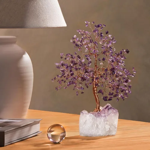 Miniatura 4 de KARMA AND LUCK Árbol de la vida de Feng Shui con base de cristal blanco Home D cor, hecho a mano en Bali, mediano 8 (amatista)