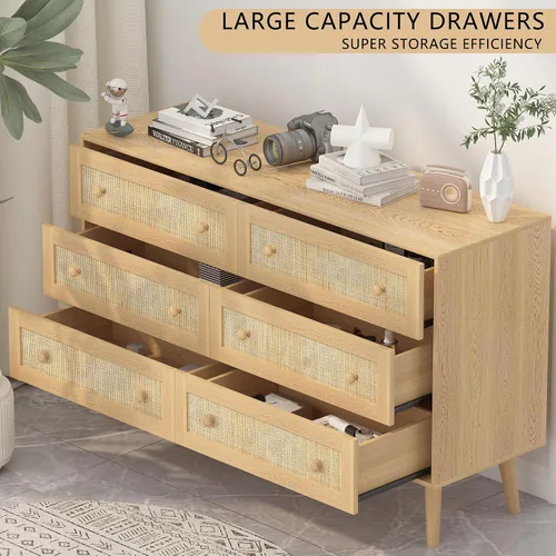 Miniatura 3 de HUANLEGO Cómoda de ratán para dormitorio, cómoda moderna de 6 cajones y cómoda, cómoda bohemia natural con asas, organizador de almacenamiento
