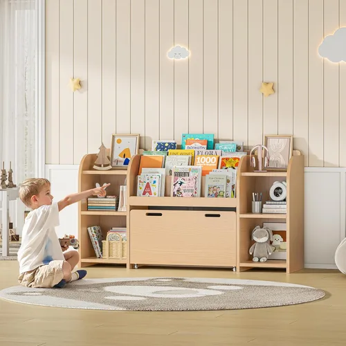 Miniatura 8 de ONBRILL Estantería para niños con rincón de lectura, organizador de almacenamiento de juguetes de 55.2 pulgadas, 6 cubos de almacenamiento