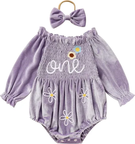 Miniatura 29 de GRNSHTS Ropa de primer cumpleaños para niña de terciopelo de un año de edad, mameluco de manga larga + diadema, 2 piezas de trajes de pastel