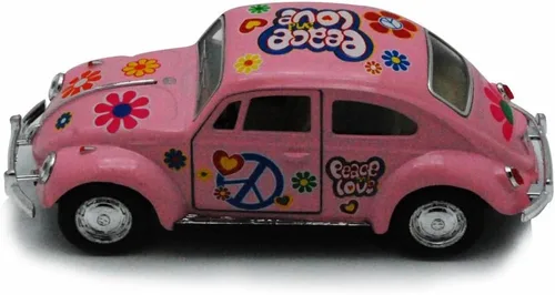 Miniatura 2 de KiNSMART 1967 Volkswagen Classical Beetle con calcomanías de Peace Love Rosa 5" Escala 1:36 Modelo de coche de juguete de metal fundido con acción