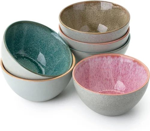 Brew To A Tea BTaT- Cuencos de cerámica para cereales, 29 onzas, paquete de 6, 6.3 pulgadas, colores esmaltados en el interior, cuencos resistentes