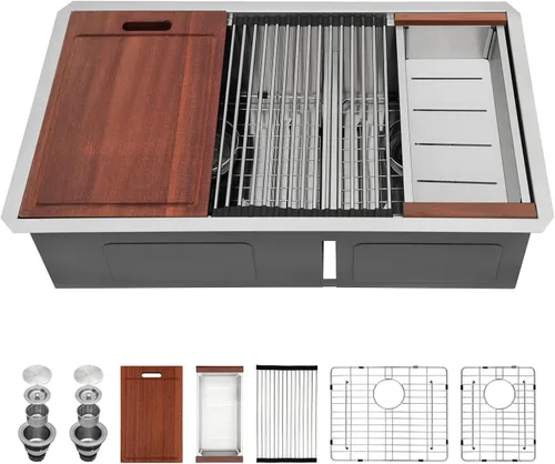Miniatura 23 de Sarlai 28 Fregadero de cocina bajo encimera de doble tazón - Fregadero bajo encimera de acero inoxidable de 28x19 pulgadas de calibre 16, con repisa