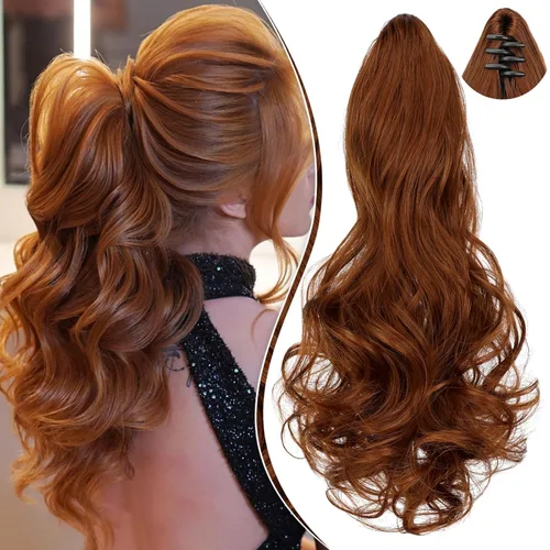 Miniatura 10 de Extensión de cola de caballo de 18 pulgadas, rizado, ondulado, con clip, extensiones de cabello largo sintético para mujer, color marrón claro