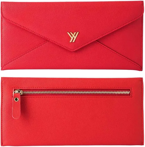 Miniatura 4 de YBONNE Cartera larga RFID que bloquea el bolso del sobre de las mujeres, hecho de cuero Saffiano (rojo)
