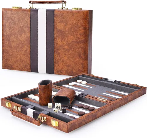 Miniatura 2 de AMEROUS Juego de Backgammon, Juego de Mesa Clásico de 11 Pulgadas con Estuche de Cuero, Tablero Plegable, Paquete de Regalo, Juego de Estrategia