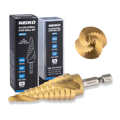 Miniatura 8 de NEIKO 10602A Step Drill Bit, 13 Steps 1/8" to 1/2" Spiral High Speed Steel, Titanium Nitride Coated, 1/4" Quick Change Step Bits for Steel, Metal