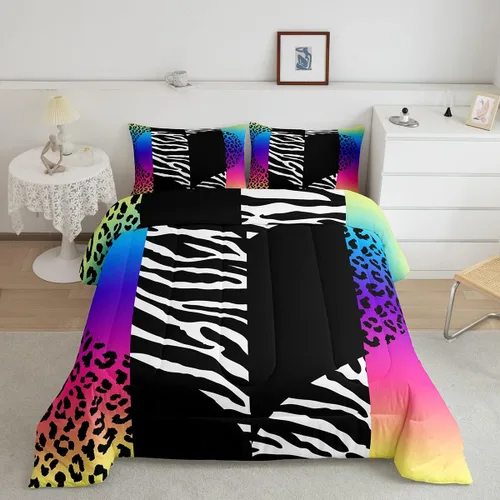 Miniatura 10 de Castle Fairy Juego de edredón con estampado de leopardo rosa y negro, juego de colcha de retazos de piel de cebra, tamaño King, para niños, niñas