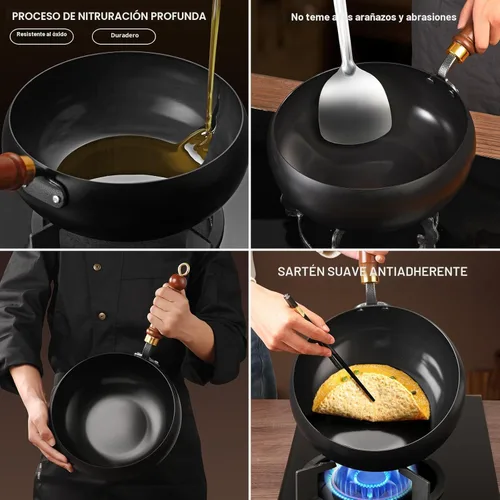 Miniatura 4 de Wok de acero al carbono, woks de 11 pulgadas y sartenes para freír con tapa de vidrio, wok antiadherente de fondo plano, pequeño wok chino hecho a