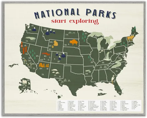 Stupell Industries Mapa de parques nacionales con llave numerada de Estados Unidos, diseñado por Daphne Polselli - Arte de pared enmarcado en gris,