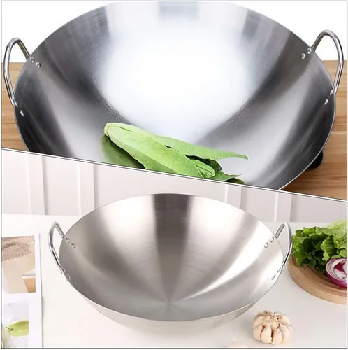 Miniatura 2 de Cabilock Wok de acero inoxidable de 12 pulgadas, sartén de fondo redondo de gran capacidad para estufa de gas, cocina tradicional india Kadai