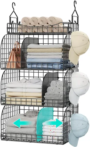 HapiRm Organizador de armario colgante – 4 estantes apilables de metal con divisores y ganchos en S, estantes plegables para ropa, pantalones, Negro