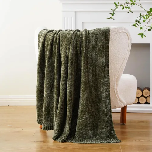 Miniatura 7 de BATTILO HOME Manta de Chenille Verde Oliva para Sofá, Acogedora Manta de Punto para Cama, Sofá, Exteriores, Súper Suave y Cálida, Mantas de Chenille