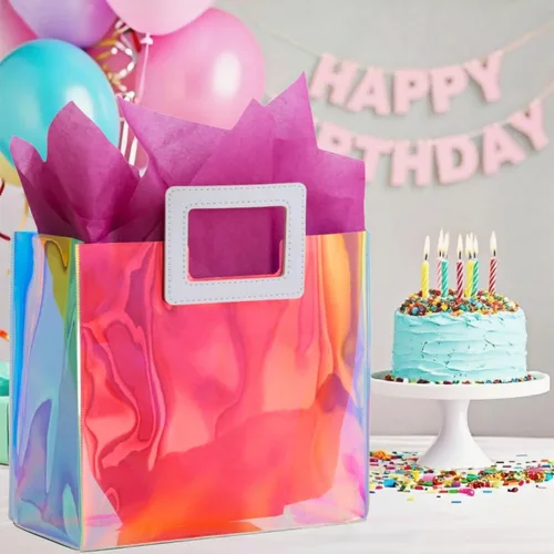 Miniatura 2 de Bolsa de Regalo Holográfica Grande con Papel de Seda Reutilizable, Bolsa de Regalo de Cumpleaños para Mujeres y Niñas, Iridiscente, Despedida de L
