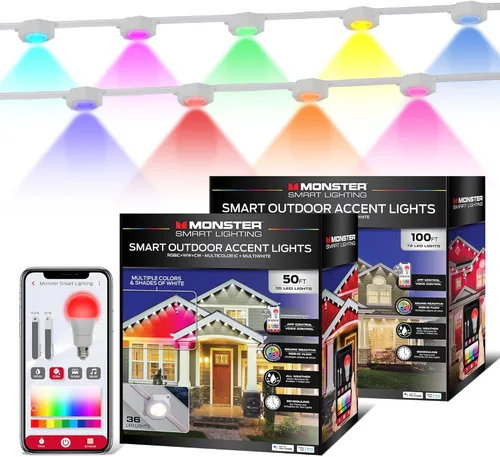 Miniatura 10 de Luces exteriores permanentes inteligentes Monster, 50 pies, 36 luces LED para aleros, RGB+IC+WW, resistentes al clima y al agua, control por