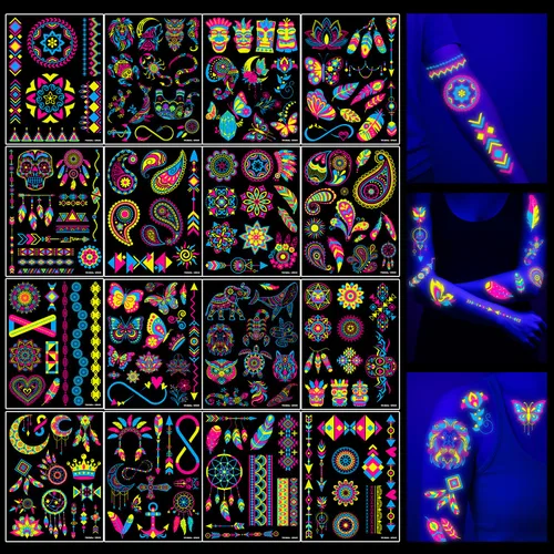 180 tatuajes temporales precortados tribales que brillan en la oscuridad para adolescentes y adultos | Luz negra neón brillante UV para cumpleaños