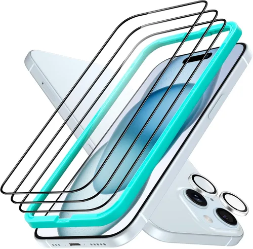 ESR Paquete de 3+1 protectores de pantalla para iPhone 15 Plus, [dureza 9H] [grado militar a prueba de roturas] película de vidrio templado