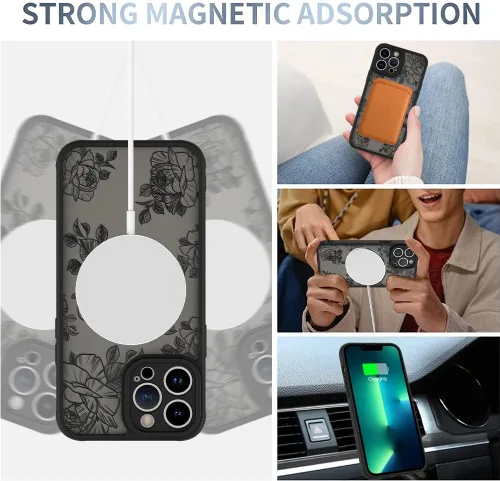 Miniatura 3 de AIGOMARA Funda para iPhone 13 Pro Max [compatible con MagSafe] Diseño de patrón floral de flores negras para mujeres y niñas, TPU suave, parte