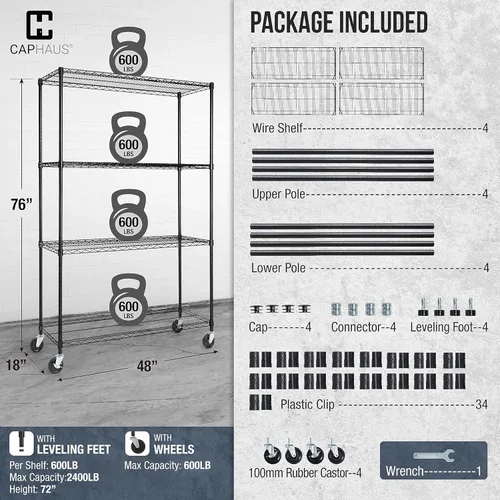 Miniatura 3 de CAPHAUS NSF - Estantería de alambre de grado comercial con ruedas, pies de nivelación y revestimientos, estante de metal de almacenamiento, 48 x 18