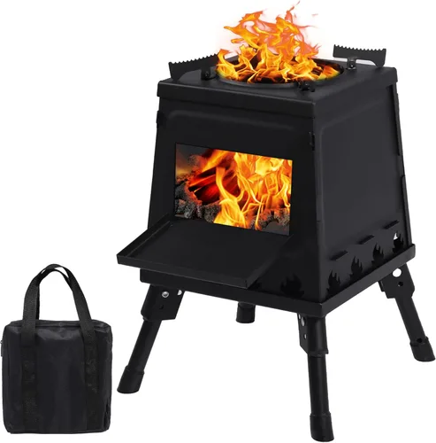Estufa de Campamento de Quema de Madera Lineslife, Estufa de Camping de Hierro Fundido Portátil, Estufa de Leña Negra con Estuche de Transporte para