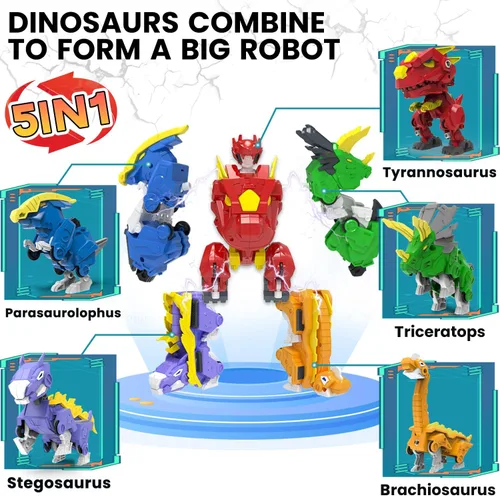 Miniatura 2 de Wenbeier - Juguetes de robot dinosaurio 5-en-1 transformables que incluyen 5 figuras de acción de dinosaurio - Construye y combina en un guerrero