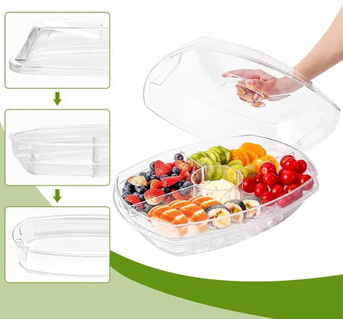 Miniatura 2 de IVYHOME Bandeja de servir refrigerada de 3 niveles con tapa, bandeja de servir frutas con hielo de 15 pulgadas con 4 compartimentos, plato
