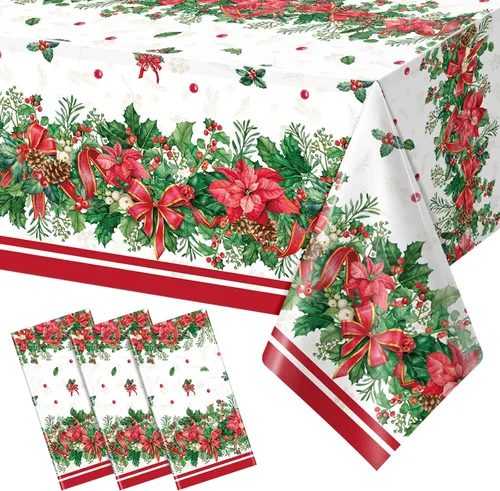 3 manteles navideños de acebo y flor de pascua, manteles desechables rectangulares de plástico con diseño de bayas de acebo y listón rojo, cubiertas