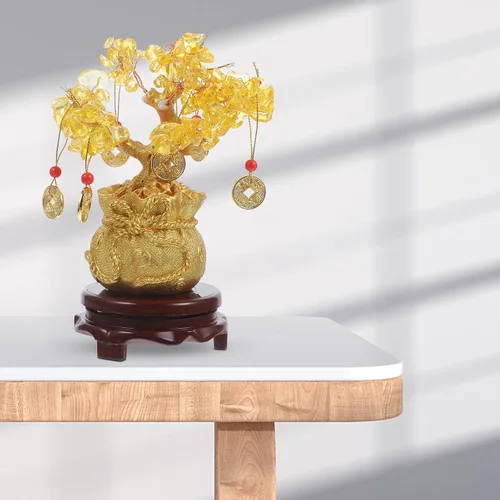 Miniatura 7 de Árbol del dinero de Feng Shui de cristal natural, citrino, árbol de la suerte, figura coleccionable de la vida, decoración de bonsái con monedas