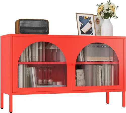 Miniatura 13 de Gabinete de almacenamiento de metal, soporte de TV de 2 puertas, armario decorativo con puertas y estante ajustable, armario de metal, mesita